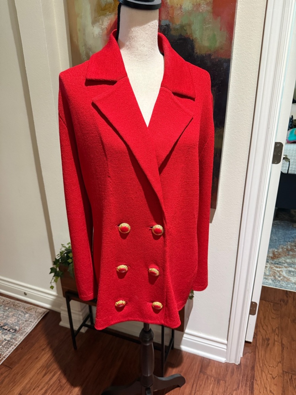 Vintage St. John by Marie Gray Red Double-Breasted Knit Blazer with Gold Buttons